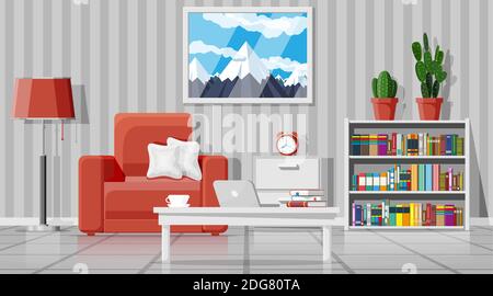 Interieur des modernen Wohnzimmers. Sessel, Pflanze, Bild von Berg, Lampe, Tisch, Bibliothek und Schrank. Inneneinrichtung. Innen für Entspannung und Arbeit. Innerhalb des Hauses. Cartoon flache Vektor-Illustration Stock Vektor