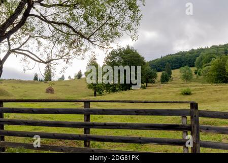 Schöne Landschaft mit einem Holzzaun in der Front und Eine Wiese mit Bäumen und Heuhaufen in Rumänien Stockfoto