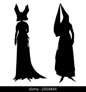 Silhouetten von weiblichen mittelalterlichen Kostümen Stockfoto