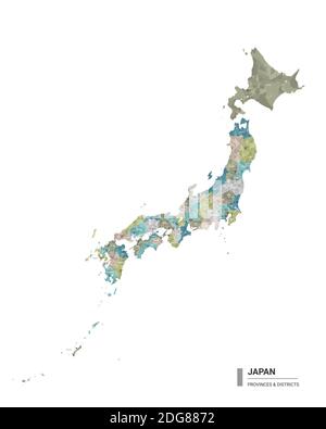 Japan hat detaillierte Karte mit Unterteilungen. Karte von Japan mit Bezirken und Stadtnamen, farbig nach Bundesstaaten und Verwaltungsbezirken. Stock Vektor