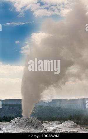 Ein Kegelgeysir, Löwengeysir, wurde nach dem rauschenden Geräusch von Dampf während einer Eruption benannt, die 90 Fuß lang 1 bis 7 Minuten dauerte. Stockfoto