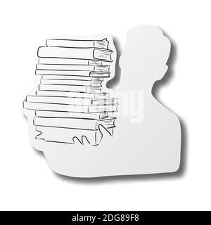 Vektor schwarze Linie von Hand von Büchern auf menschliche Form geschnitten Papier mit Schatten isoliert auf weißem Hintergrund gezeichnet. Papier Kunst. Eduction Konzept. Stock Vektor
