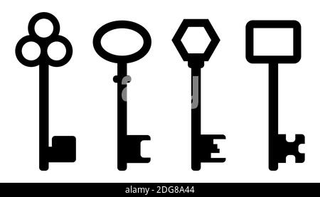 Tastensymbol eingestellt. Sammlung von Tür Schlüssel Silhouette. Vektorgrafik isoliert auf weißem Hintergrund. Schwarze Form von Verriegelungs- und Entriegelungswerkzeugen. Privacc Stock Vektor