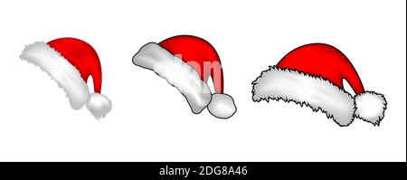 Santa claus Red hat Kollektion. Realistische santa Cap Set isoliert auf weißem Hintergrund. Cartoon-Zeichnung für Urlaub Banner oder Hintergrund. Abbildung von Stock Vektor