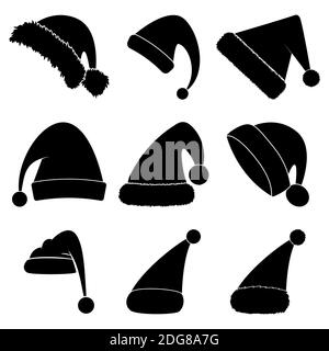 Weihnachtsmütze Silhouette Set. Schwarze Form Kollektion von weihnachtsmann Hut. Santa Cap Icon Gruppe isoliert auf weißem Hintergrund. Vektorzeichnung für decembe Stock Vektor