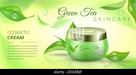 Grüner Tee cosmetica Banner-Anzeigen mit fliegenden Blättern und Kosmetik-Paket. Entworfener Text. Realistische Vektordarstellung. Stock Vektor