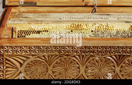 Holzkiste mit Honigkämmen. Stockfoto