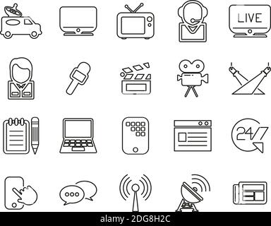 TV Station Icons Schwarz & Weiß Thin Line Set Groß Stock Vektor
