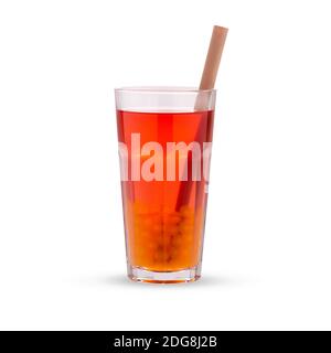 Roter Bubble-Tee mit orangefarbenen Tapioka-Perlen im Glasbecher, isoliert auf weißem Hintergrund. Stockfoto