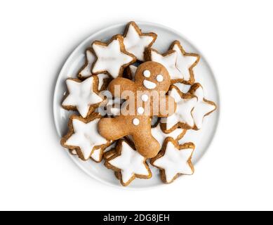 Xmas Lebkuchen Mann isoliert auf weißem Hintergrund isoliert auf weißem Hintergrund. Stockfoto