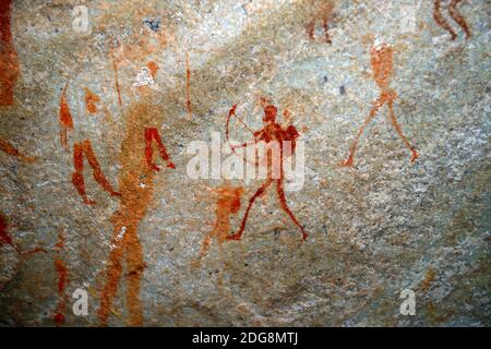 Alte Felszeichnungen der San, Ureinwohner Suedafrikas, Sevilla Rock Art Trail, Cederberge nahe Clanwilliam und Wuppertal, Western Cape, West Kap, Süda Stockfoto