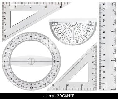 Eingestellt von Zeichenwerkzeugen, Lineal, winkelmesser Dreieck auf weißem Hintergrund Stockfoto