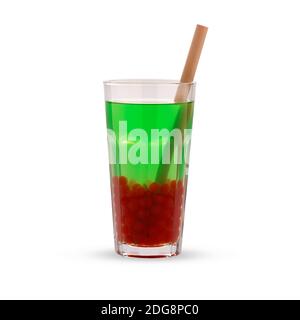 Grüner Bubble Tee mit roten Tapioka Perlen in Glas Becher, isoliert auf weißem Hintergrund. Stockfoto