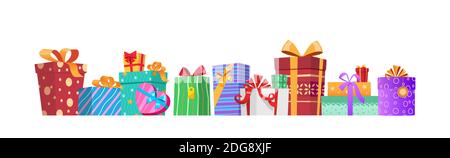 Horizontale Zusammensetzung von bunten Geschenkboxen mit Bändern und Schleifen Stock Vektor