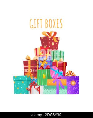 Großer Berg von Geschenken. Bunte Geschenkschachteln mit Bändern und Schleifen Stock Vektor