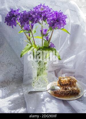 Lila Blüten in einer Kristallvase auf einem weißen Vorhang am Fenster, daneben ist ein Teller mit Honig in Waben Stockfoto