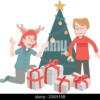 Retro-Stil Illustration von Kindern glücklich, ihre Geschenke am Weihnachtsbaum zu sehen. Stock Vektor