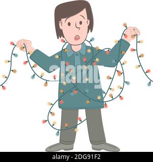 Retro-Stil Illustration eines Jungen, der mit Weihnachtsbeleuchtung verwickelt geworden ist. Stock Vektor