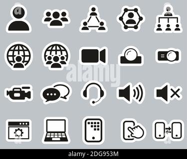 Video Konferenz Icons Schwarz & Weiß Sticker Set Groß Stock Vektor