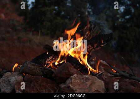 Bild von orangen Flammen eines Lagerfeuers mit brennendem Feuer Eichenwälder umgeben von Steinen im Wald Camping Standort Stockfoto