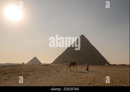 Sonnenuntergang über Gizeh Pyramid Complex mit Reiseleiter und Kamel überqueren große Pyramide von Khufu, Gizeh Pyramid Complex, Gizeh, Kairo, Ägypten Stockfoto