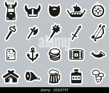 Viking Icons Schwarz & Weiß Sticker Set Groß Stock Vektor