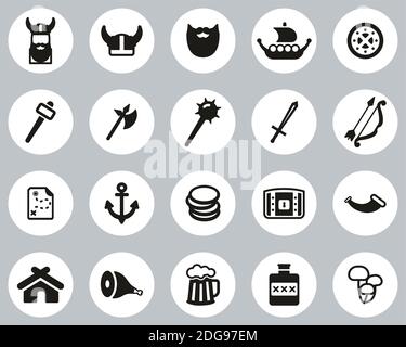 Viking Icons Schwarz & Weiß Flat Design Kreis Set Groß Stock Vektor