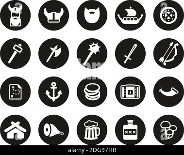 Viking Icons Weiß Auf Schwarz Flat Design Kreis Set Groß Stock Vektor