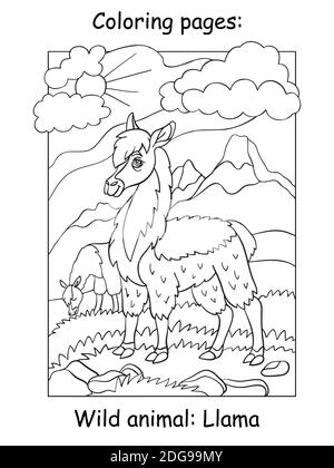 Vektor Malvorlagen mit niedlichen Lama in Berggebiet. Karikatur Kontur Illustration isoliert auf weißem Hintergrund. Stock Illustration für Färbung boo Stock Vektor