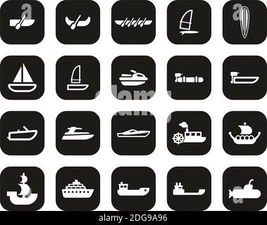 Boot Oder Schiff Icons Weiß Auf Schwarz Flat Design Set Groß Stock Vektor
