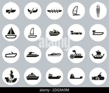 Boot Oder Schiff Icons Schwarz & Weiß Flat Design Circle Groß Einstellen Stock Vektor