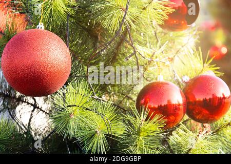 Schön Dekorierter Weihnachtsbaum Mit Hellen Kugeln, Weihnachtslicht Hintergrund Mit Abstrakten Bokeh Licht. Stockfoto