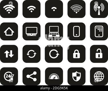 Wifi-Verbindung Symbole Weiß Auf Schwarz Flat Design Set Groß Stock Vektor