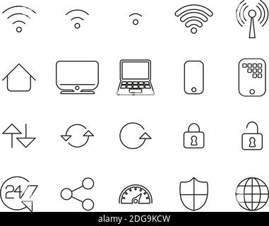 Wifi-Verbindungssymbole Schwarz-Weiß Thin Line Set Groß Stock Vektor