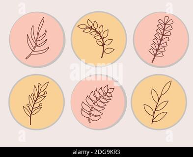 Abstrakte moderne Pflanzen Linie, runde Formen für Knöpfe oder Logo. Skandinavischer minimalistischer Stil. Blattblatt Mit Blumendekor. Vektorgrafik Stock Vektor