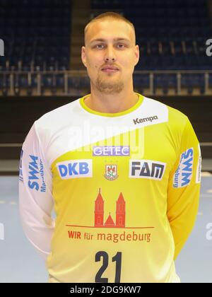 Deutscher Handballtorwart Dario Quenstedt SC Magdeburg DHB DKB Handball Bundesliga-Saison 2018/19 Stockfoto