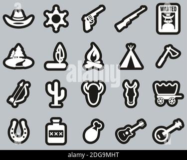 Wild West Icons Weiß Auf Schwarz Sticker Set Groß Stock Vektor