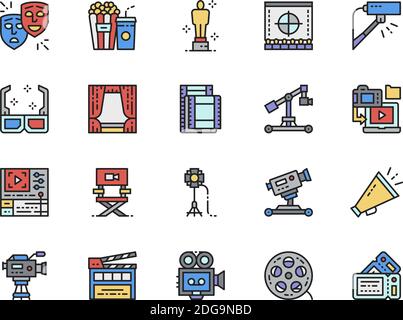 Satz von Cinema Color Line-Symbolen. Popcorn, Masken, Clapper Board, Tickets und mehr. Stock Vektor