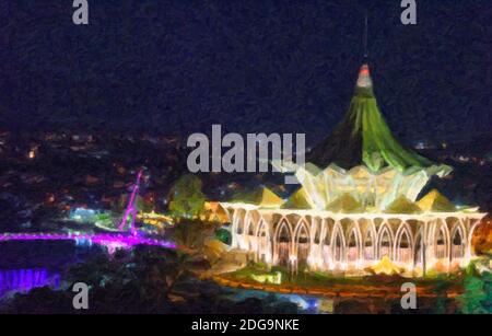 Digitale impasto Malerei Wirkung des Staates Legislative Gebäude und Darul Hana Brücke auf dem Sarawak Fluss, Kuching, Malaysia Stockfoto