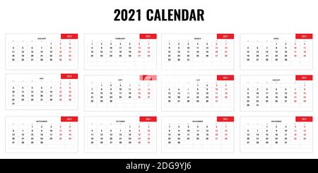 2021 Jahreskalender - 12 Monate Jahreskalender für 2021 Jahr eingestellt. Vektorgrafik. Stock Vektor