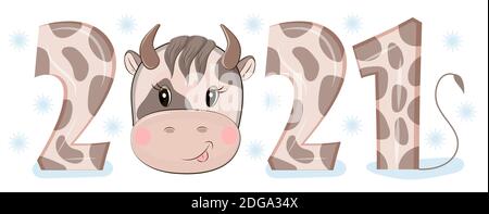 Cartoon Stier Vektor als 2021 Weihnachten, Neujahr Einladung. Der große Kopf der Baby Kuh wird gezeigt. Poster, Aufkleber, Postkarte, T-Shirt Illustration. Stock Vektor