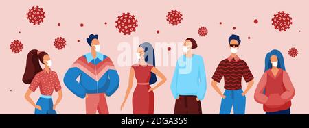 Menschen, die medizinische Atemschutzmasken tragen, um covid19 Concept Vector Illustration zu verhindern. Cartoon Masse maskierten Mann Frau Zeichen Schutz vor Virusinfektion, Coronavirus Schutz Hintergrund Stock Vektor