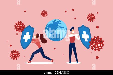 Coronavirus covid19 Infektionsprävention und Schutz Konzept Vektor Illustration. Cartoon Menschen in Schutzmasken halten Schilde, Abschirmung Globus Planet Erde von Corona-Virus-Zellen Angriffe Stock Vektor