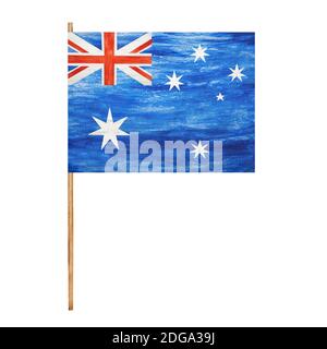 Aquarellzeichnung einer kleinen australischen Flagge. Nahaufnahme, keine Menschen, Textur. Herzlichen Glückwunsch an Familie, Verwandte, Freunde und Kollegen Stockfoto