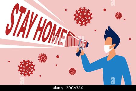 Bleiben Sie zu Hause, um Coronavirus Konzept Vektor Illustration zu vermeiden. Cartoon Mann in medizinische Maske Warnung und hält Megaphon mit Warnmeldung zu Hause bleiben, vorbeugende Maßnahmen, um Infektionen Hintergrund zu vermeiden Stock Vektor