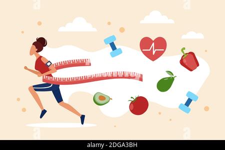 Gewichtsverlust Konzept Vektor-Illustration. Cartoon schlanke Frau Figur Abnehmen nach pflanzlichen Ernährung Essen, Sport Fitness-Übungen und Joggen, Gewicht zu verlieren Kontrolle. Gesunder Lebensstil Hintergrund Stock Vektor