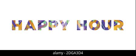 Die Worte HAPPY HOUR Konzept in bunten Retro-Formen und Farben Illustration geschrieben. Stockfoto