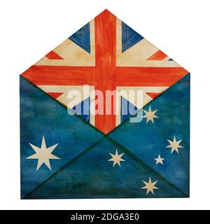 Schöner Briefumschlag in den Nationalfarben der australischen Flagge gemalt. Nahaufnahme, keine Menschen, Textur. Herzlichen Glückwunsch für Familie, Verwandte, f Stockfoto