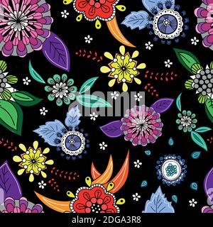 Abstraktes Nahtloses Blumenmuster auf schwarzem Hintergrund. Vektorgrafik Stock Vektor