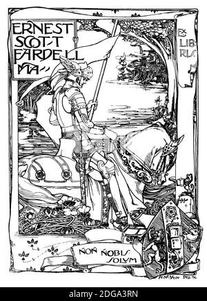 Knight on Horde Exlibris Design für Ernest Scott Fardell, von Harold Nelson aus dem Jahr 1896 The Studio an Illustrated Magazine of Fine and Applied Art Stockfoto